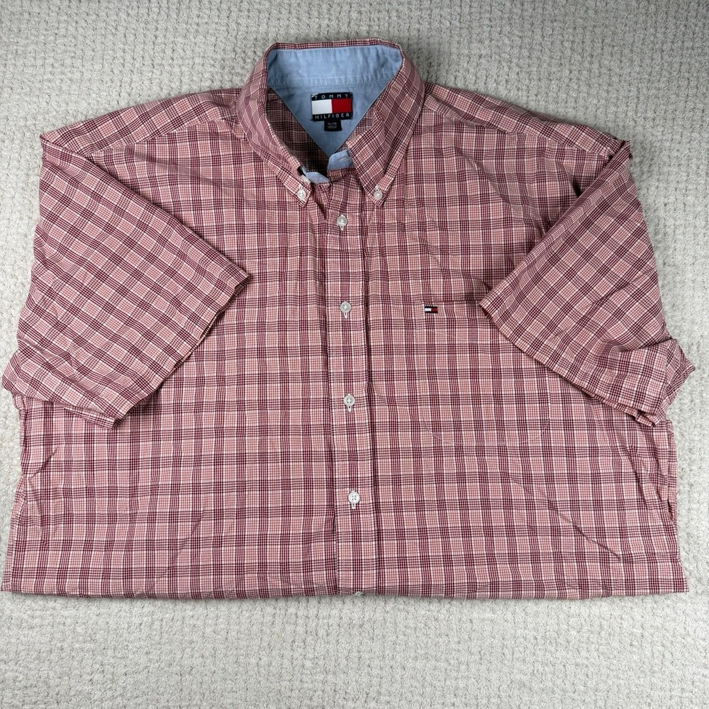 Tommy Hilfiger Mens XL Y2K Short Sleeve Button Down Shirt Red White Plaid Cotton